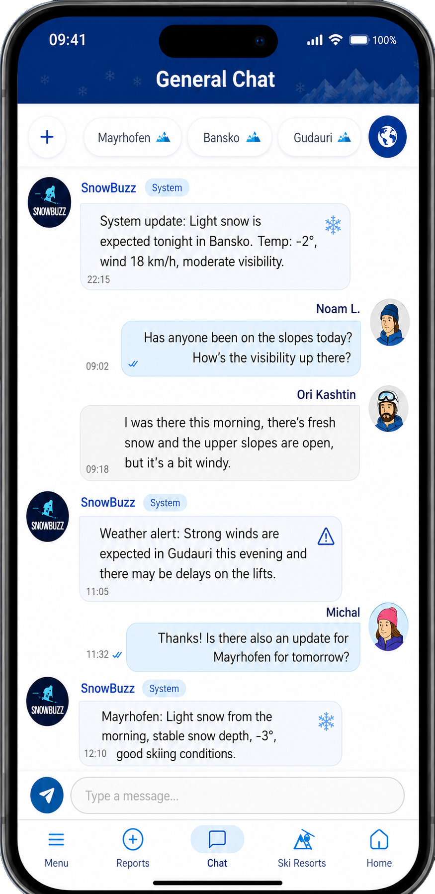 SnowBuzz general chat screen